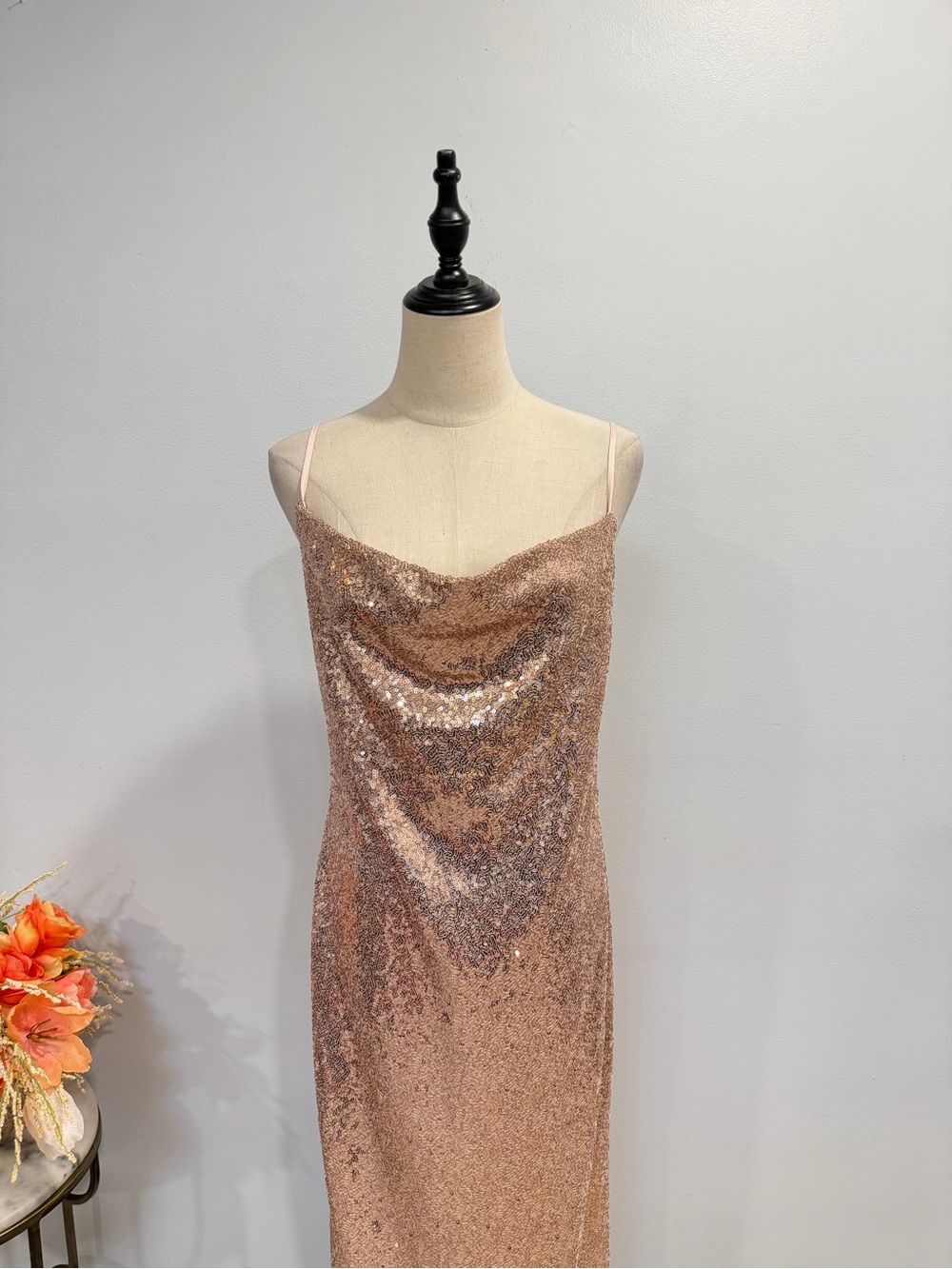 Kenneth Cole Rose Gold Sequin Cowl Neck Sleeveless Slip Dress - Size Small - Picture 3 of 16